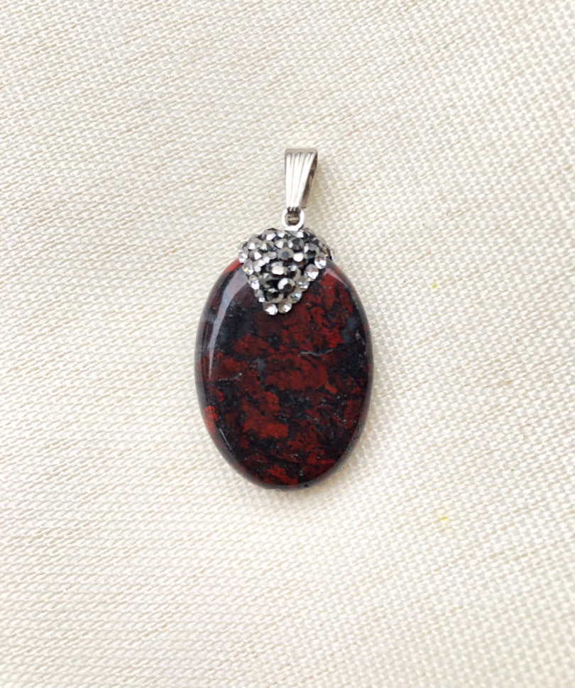 Brecciated Jasper Pendant - Oval shaped with Black and Silver rhinestones