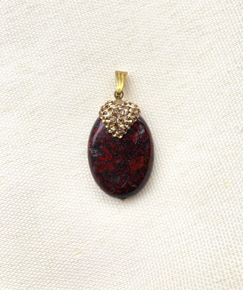 Brecciated Jasper Pendant - Oval shaped with gold rhinestones