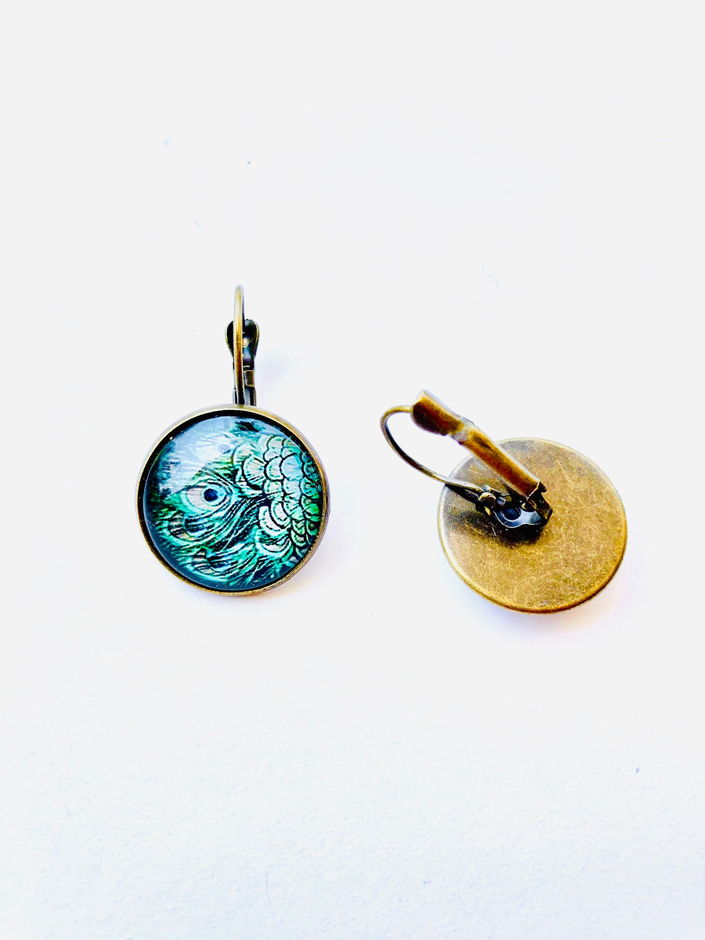 Peacock Feather Cabochon Glass Earrings