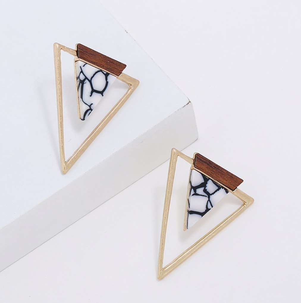Wood and Marble Triangle Earrings