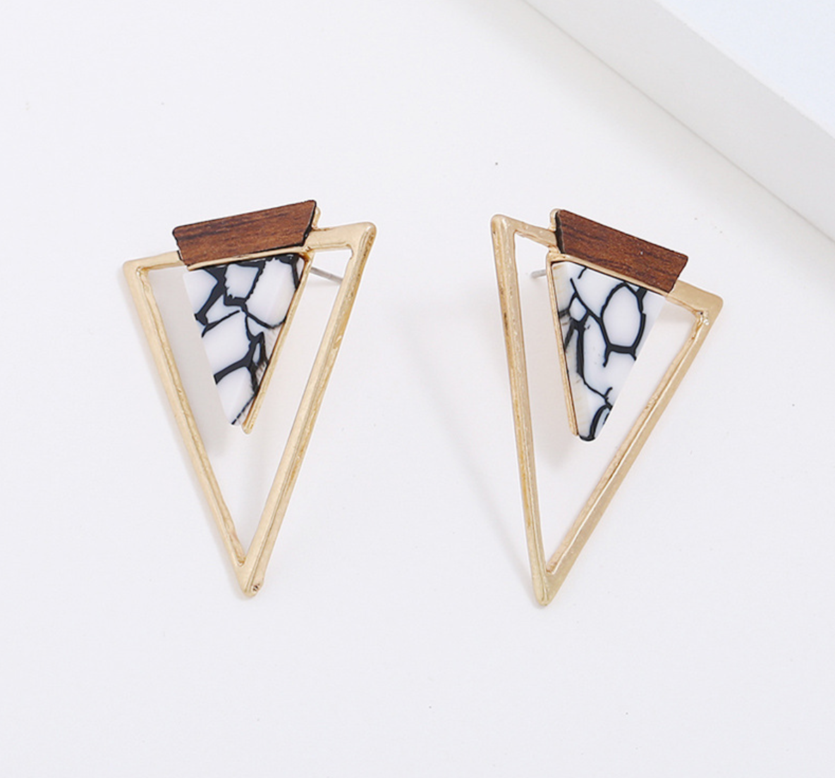 Wood and Marble Triangle Earrings