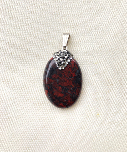 Brecciated Jasper Pendant - Oval shaped with Black and Silver rhinestones