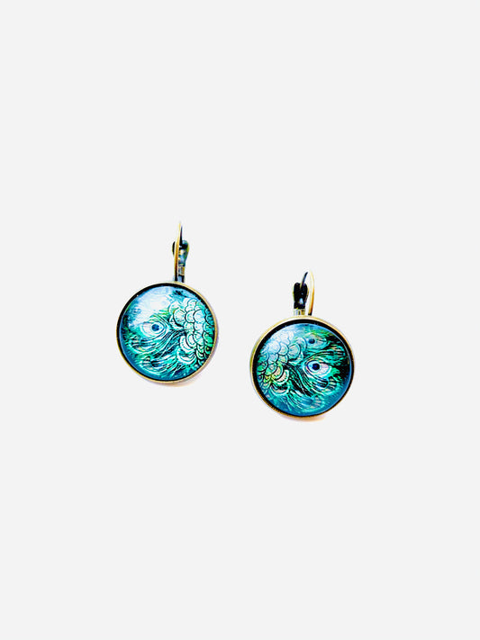 Peacock Feather Cabochon Glass Earrings