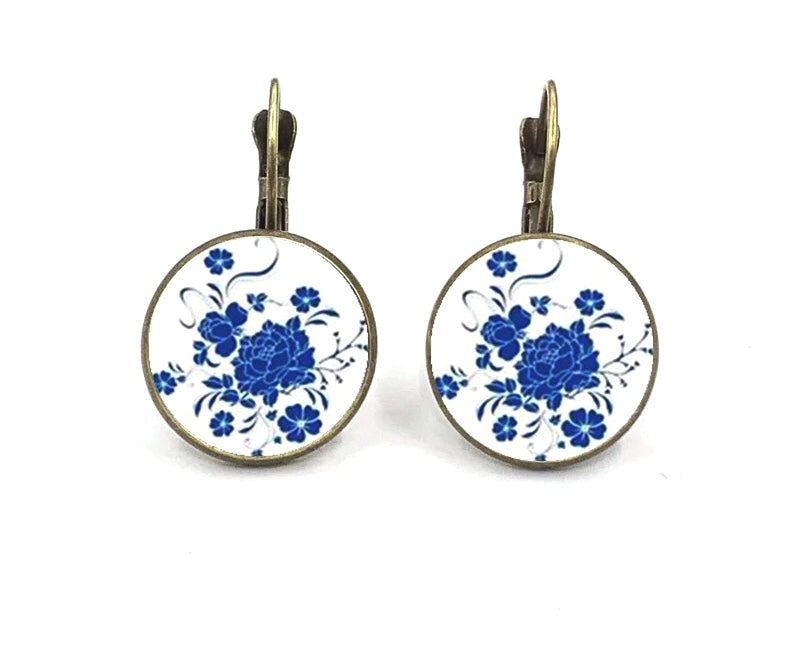 Blue Floral Cabochon Glass Earrings