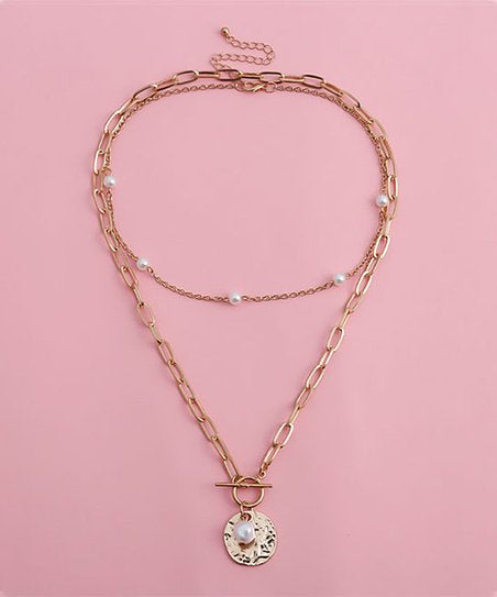 Pearl & Coin T-bar Chain Necklace