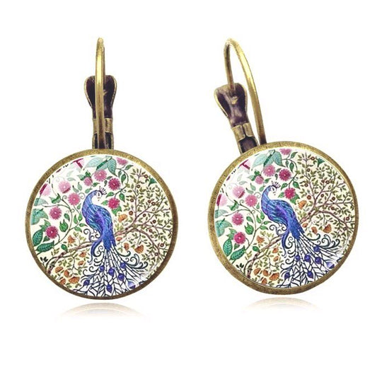 Peacock Cabochon Glass Earrings