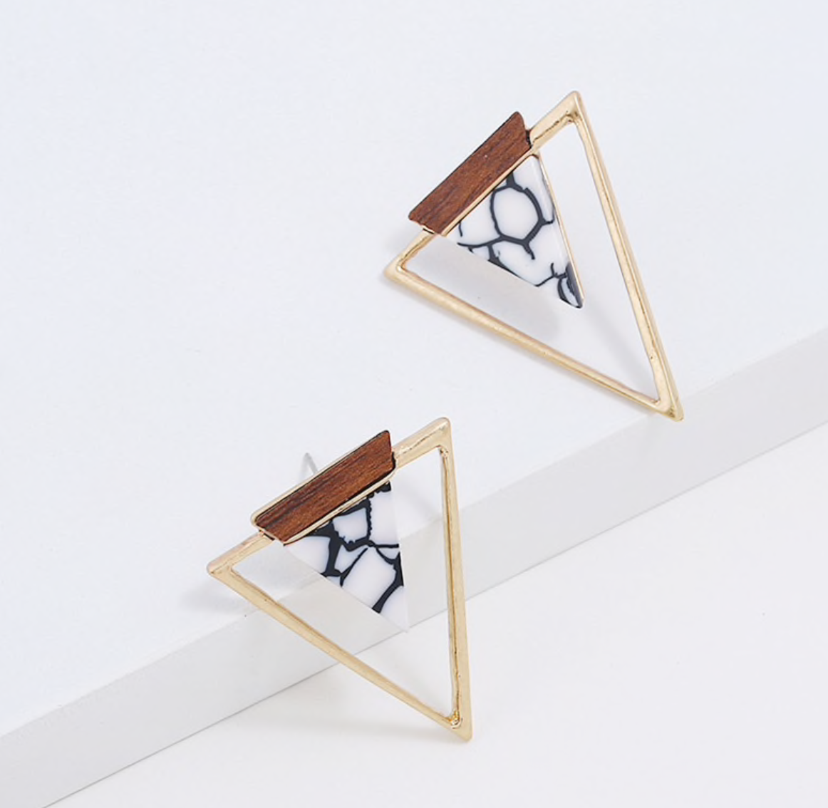 Wood and Marble Triangle Earrings
